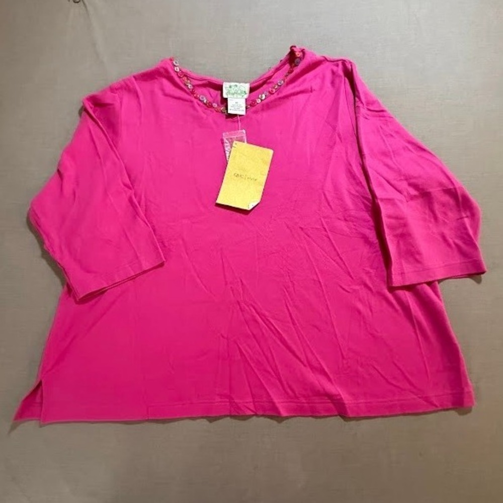 The Quaker Factory Pink Button Neck 3X Cotton 3/4 Sleeve‎ Top New With Tags